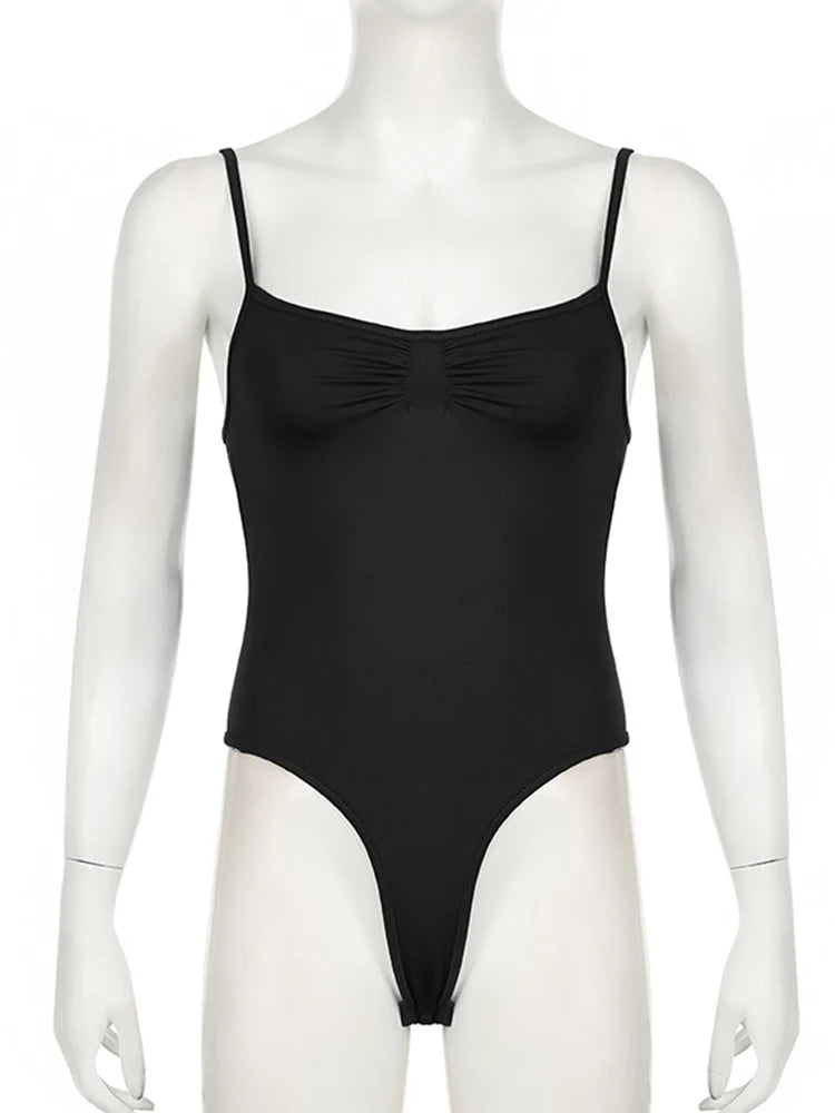 Sweetown Sleeveless Bodysuit Women Black Spaghetti Shirred