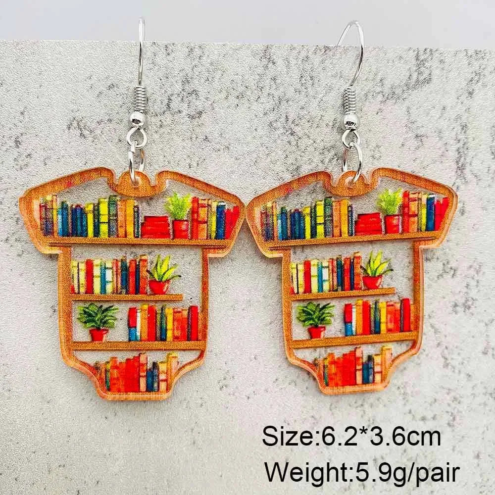 Cat Bookcase Dangle Earrings for Women Geometric Acrylic Rabbit Love Jewelry Gift for Teachers and Readers
