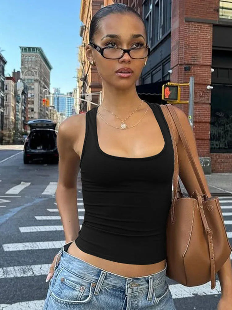 Square Collar Sleeveless Bodycon Crop tank Top Women’S Solid Sexy Elegant Y2K Top Party Clubwear Summer Outfit Wholesale