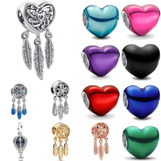 925 Silver Heart-Shaped Beads with Black Red Purple Blue Zircon for European Bracelets and DIY Jewelry