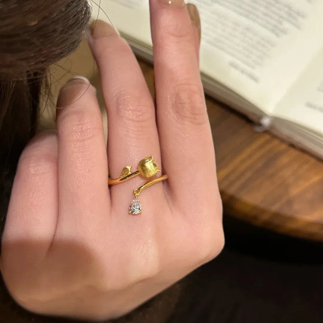 Exquisite Lily of the Valley Gold Adjustable Ring with Zircon Inlay for Women