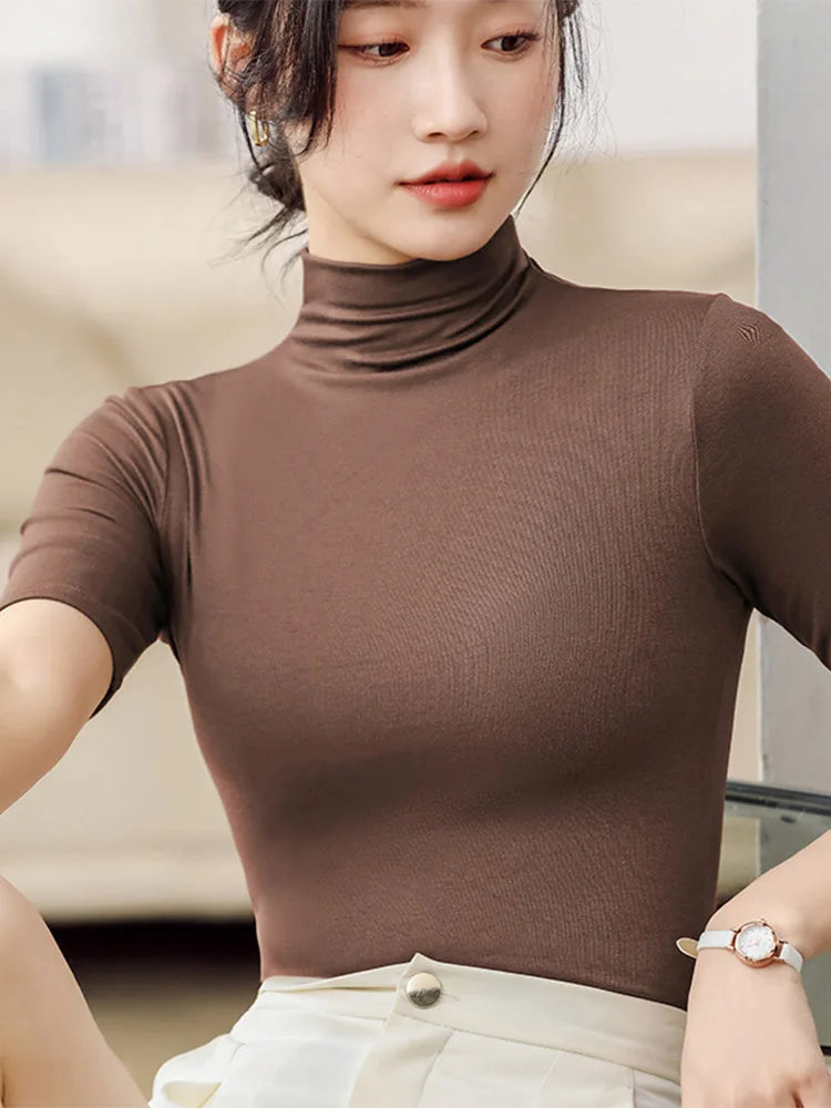 Half Turtleneck Milk Silk Slim Short Sleeve Top Basic