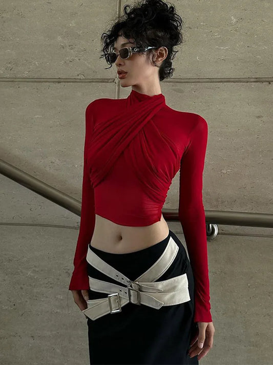 2024 Red Mesh Turtleneck Crop Top Long Sleeve Sexy Club