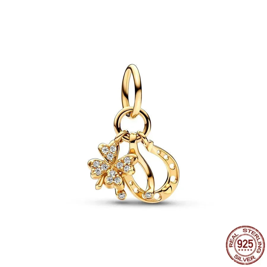 925 Sterling Silver Gold Heart and Maple Leaf Charms Sparkling Zircon Pendant for Women DIY Bracelet Fine Jewelry Gift