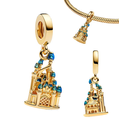 925 Sterling Silver Golden Round Charms with Horse Lion Castle Beads for DIY Womens Jewelry Gift
