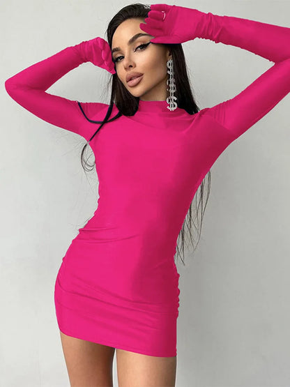 Solid Longsleeve Mini Bodycon Dress With Gloves Y2K
