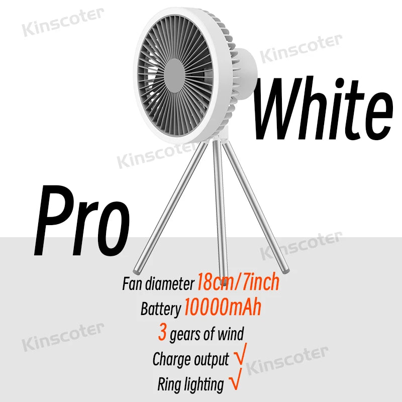 Rechargeable Portable Camping Fan with 10000mAh Power Bank and LED Light Pro White