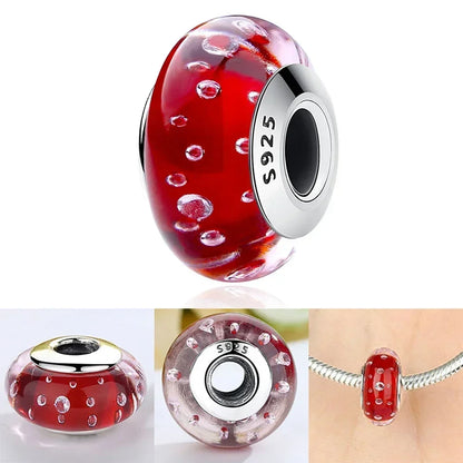 Original 925 Sterling Silver Red Charm Beads Set Heart Cherry Strawberry Flower Fish Zircon Accents for DIY Necklace and Bracelet Jewelry Gift