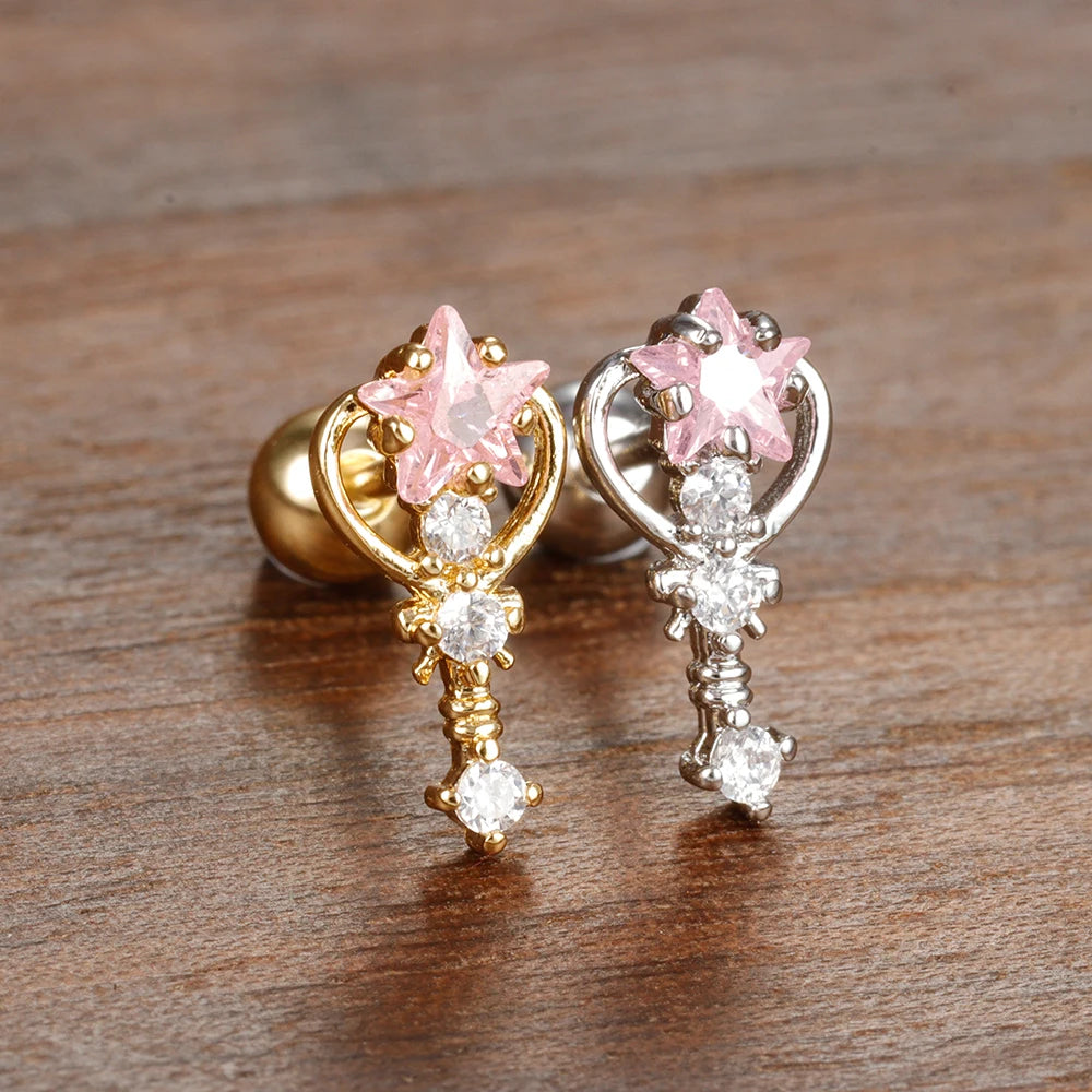 Vintage Stainless Steel Star Butterfly Stud Earrings for Women - Tiny Helix Tragus Cartilage Piercing Jewelry