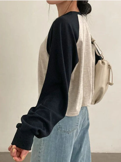 Korean Style Women Cotton Patchwork Long Sleeve Top