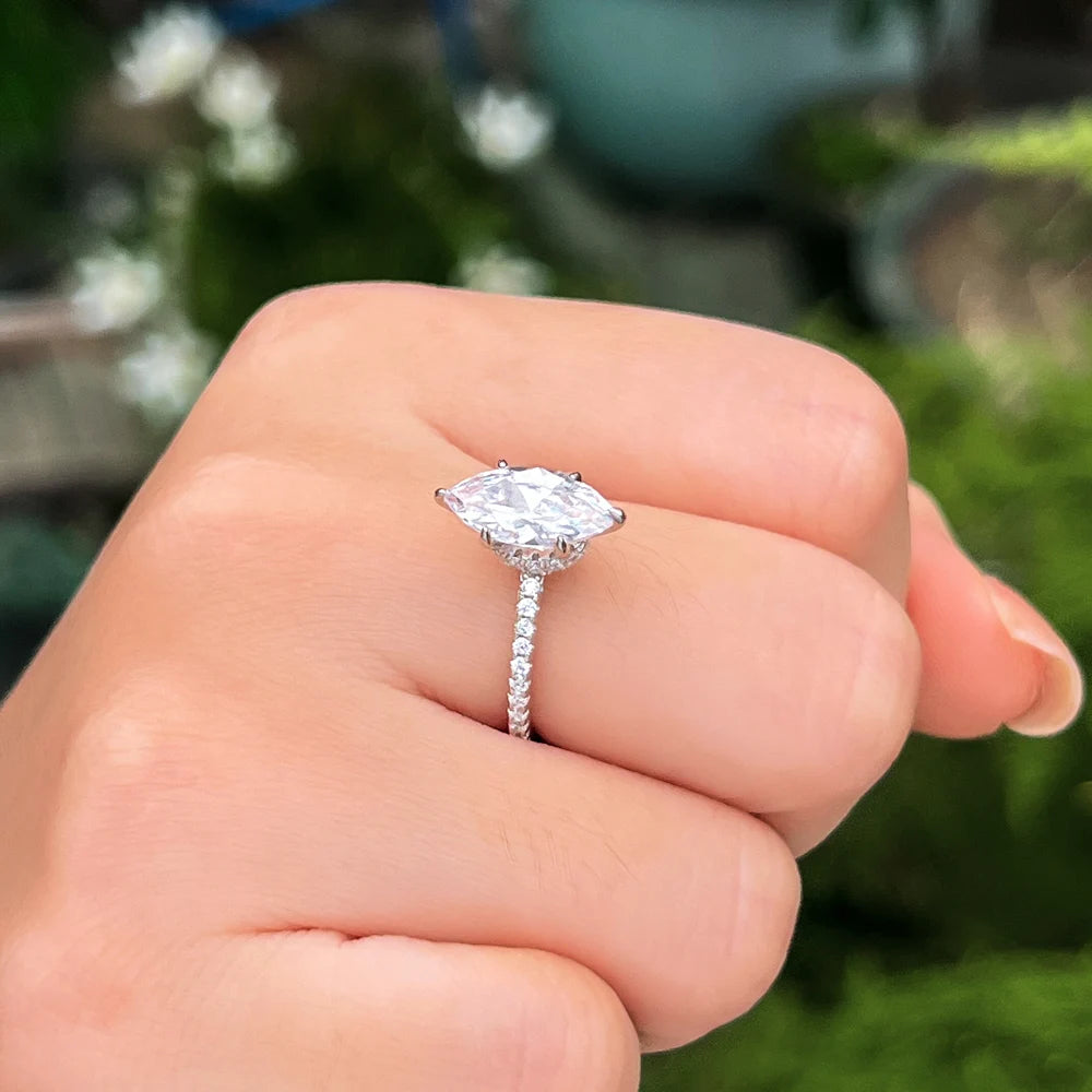 QooLady Dazzling 925 Sterling Silver Marquise Cut Cubic Zircon Wedding Engagement Ring for Women Fine Jewelry