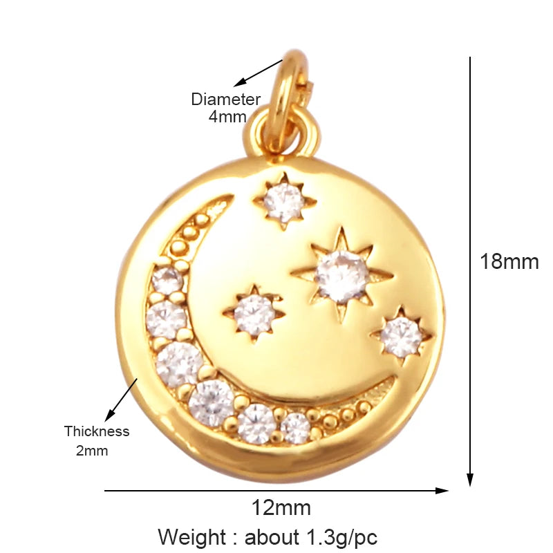 Gold-Plated Celestial Moon Star Charm Pendant with Cubic Zirconia for Jewelry Making
