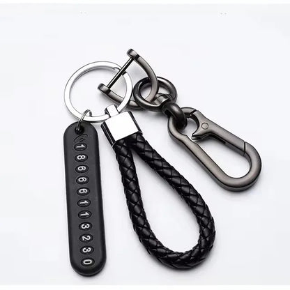 Trendy Keychain Pendant DIY Mobile Phone Number Plate with Woven Leather Rope Anti Lost Car Key Accessory for Men Style 3