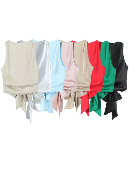 DozwCN Women Bow Backless Cropped Tank Top Solid Chic