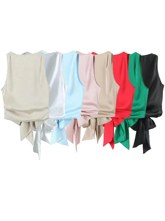 DozwCN Women Bow Backless Cropped Tank Top Solid Chic
