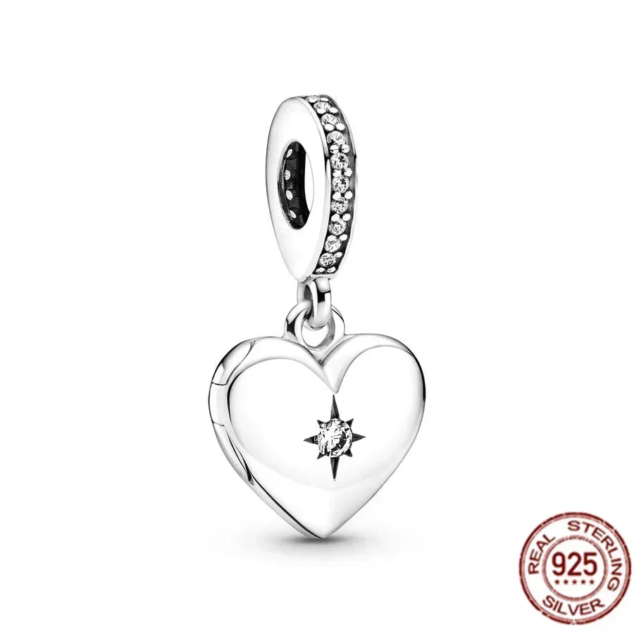 Original 925 Sterling Silver Linked Sister Hearts Openable Heart Locket Dangle Charm Beads for Necklace and Bracelet Jewelry