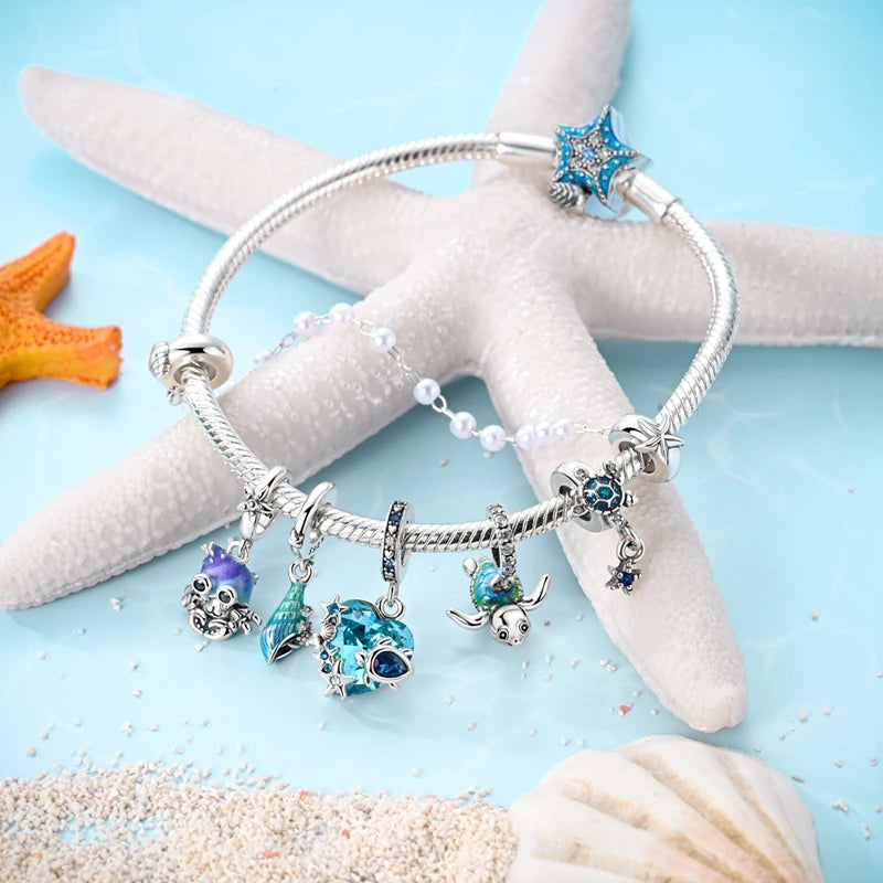 925 Sterling Silver Ocean Turtle Beach Charms Blue Shell