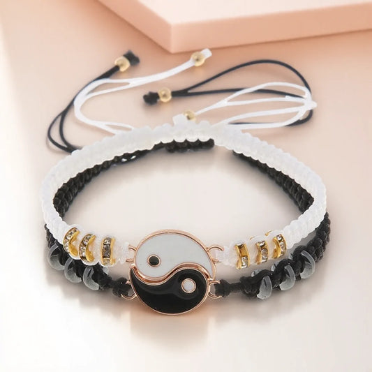 Adjustable Yin Yang Friendship Bracelets Set for Men and Women - Black and White Cord Couple Jewelry Gift