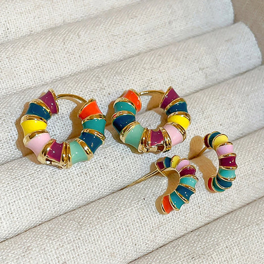 Kpop Multicolour Enamel Bamboo Hoop Earrings for Women - Stainless Steel C Shape Summer Jewelry