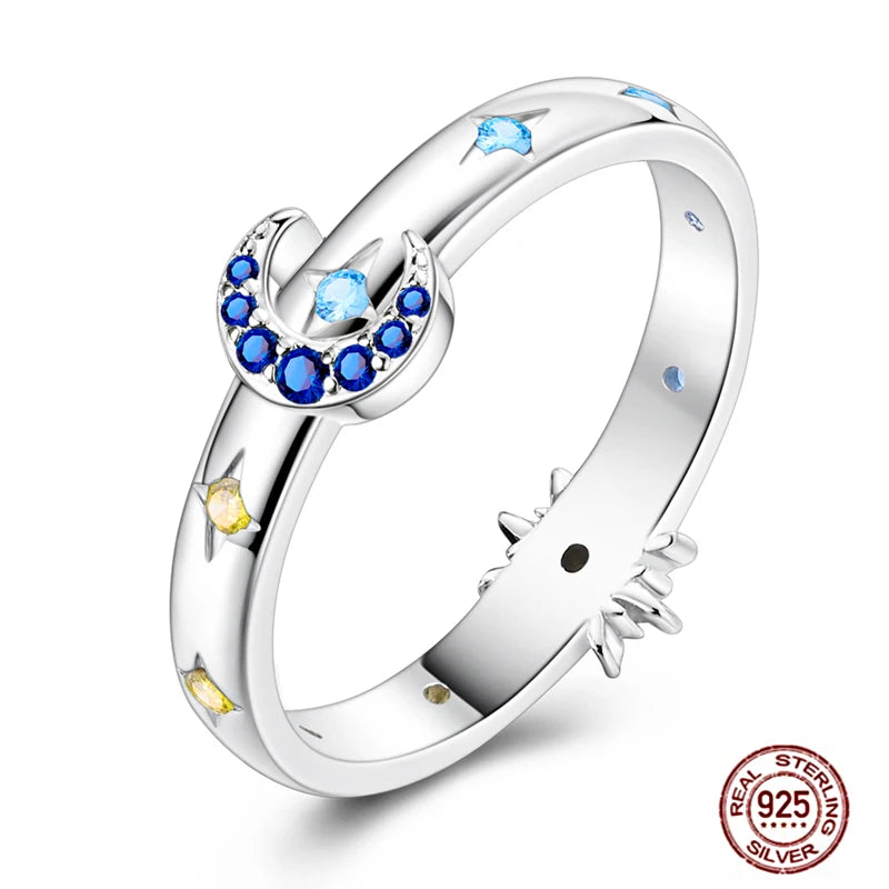 Hot Blue Zircon Ring For Women in 925 Sterling Silver Sparkling Star Moon Design Heart Shaped Original Wedding Jewelry LLTR305