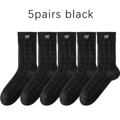 Kawaii Japanese Embroidered Cotton Mid Calf Socks 5 Pairs
