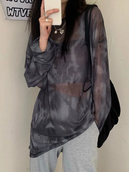 Women Tie Dye T Shirt Long Sleeve Loose Fit Chic DozwCN