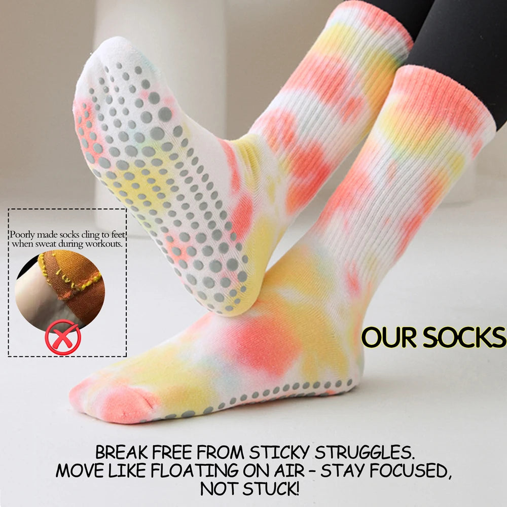 Tie Dye Yoga Socks 3 Pairs Anti Skid Cotton Blend Mid Calf