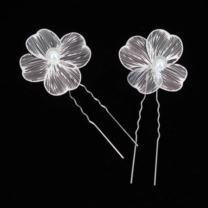 Bridal Bliss Flower Pearl Hair Comb Pins - 2PCS Wedding Accessories Pins SIlver