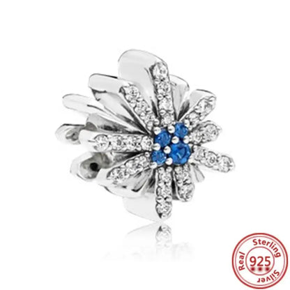 Sterling Silver Blue Zircon Feather Crown Moon Pendant Charm Bracelet Beads Y433 3mm-4mm