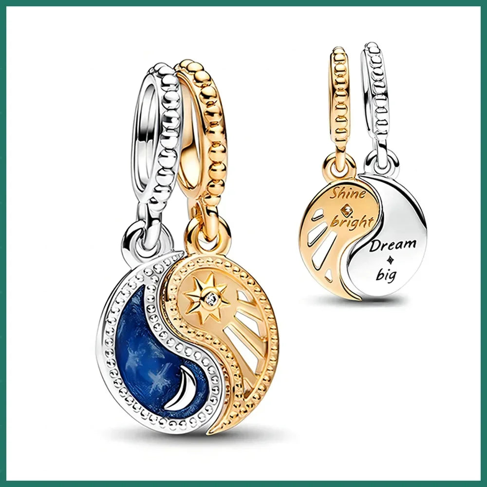 925 Sterling Silver Blue Star Gold Sun Pink Moon Zircon Beads Charms for DIY Jewelry Gifts