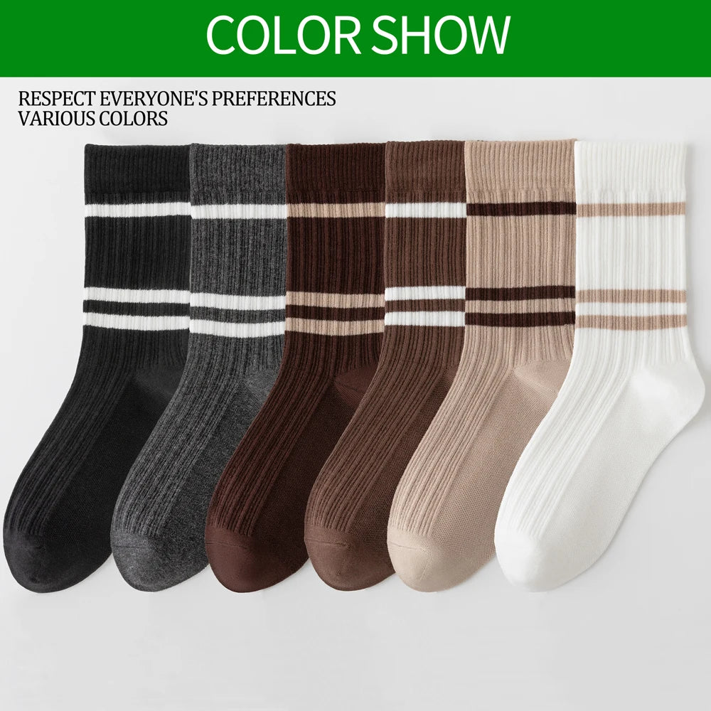3 Pairs Soft Combed Cotton Crew Socks Women Stripes