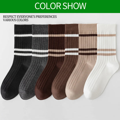 3 Pairs Soft Combed Cotton Crew Socks Women Stripes