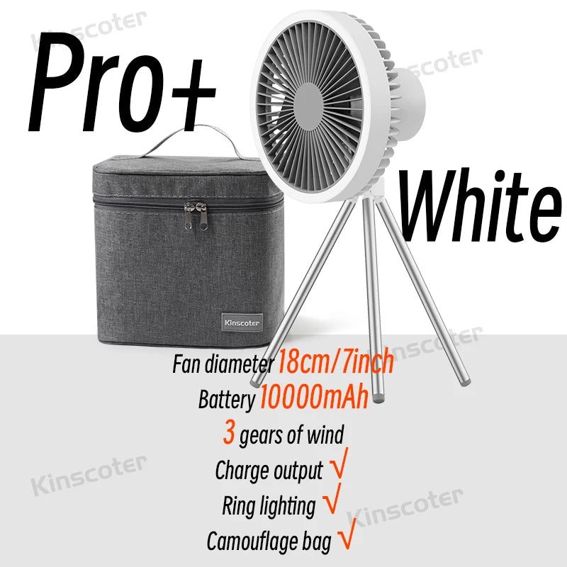 Rechargeable Portable Camping Fan with 10000mAh Power Bank and LED Light Pro White with BAG 2