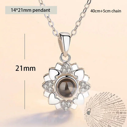 100 Languages I Love You Heart Pendant Necklace Romantic Projection Jewelry Gift for Women Sunflower Heart 40cm plus 5cm