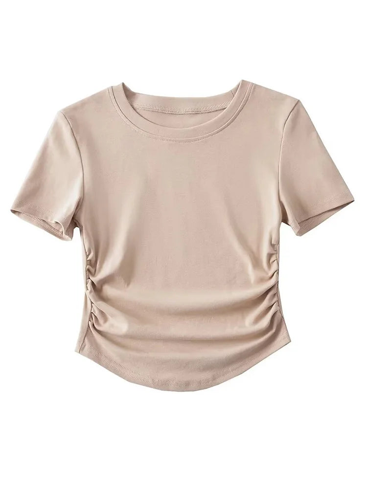 Harajuku 2024 Womens Crew Neck Ruched Side Cotton Tee