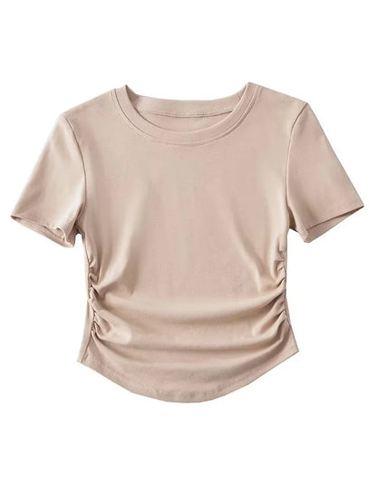 Harajuku 2024 Womens Crew Neck Ruched Side Cotton Tee