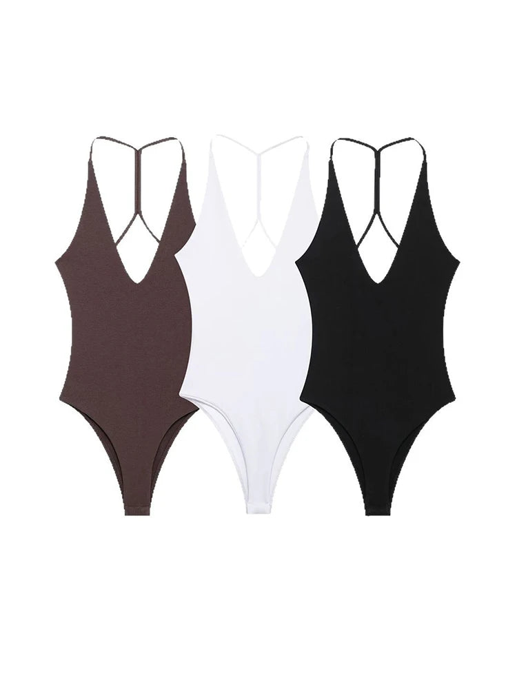 Women Solid Backless Bodysuit Slim V Neck Sling Top