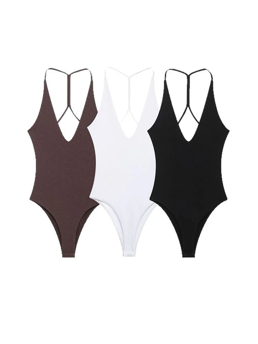 Women Solid Backless Bodysuit Slim V Neck Sling Top