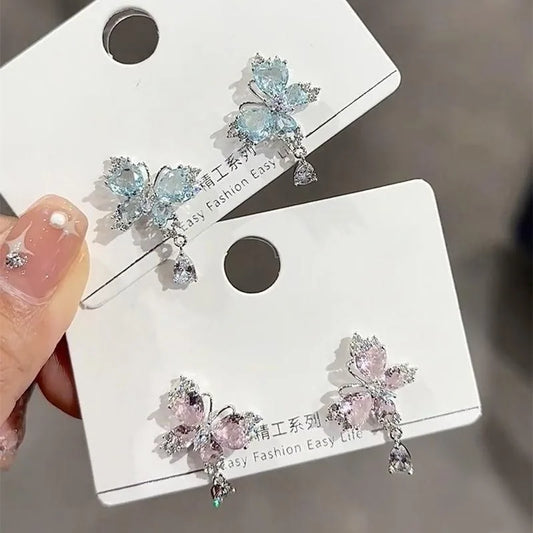 Inlaid Zircon Blue Pink Crystal Butterfly Drop Earrings for Women Stylish Water Drop Wedding Jewelry Ideal Birthday Gift