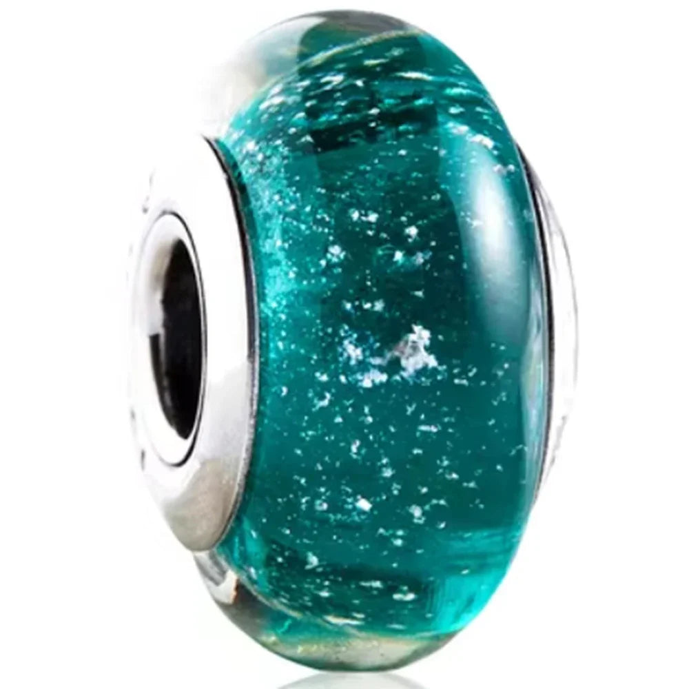 925 Sterling Silver Cosmic Rainbow Murano Glass Beads with Flower and Leaf Charms for DIY Women Jewelry