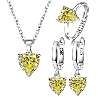 Elegant 925 Sterling Silver Heart Zircon Jewelry Set for Women - Ring, Earrings, Necklace for Bridal and Christmas Occasions