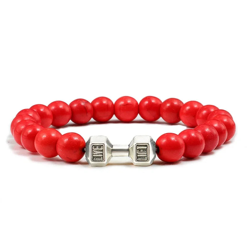 Vintage Men's Natural Stone Bead Bracelet With Dumbbell Pendant red silver