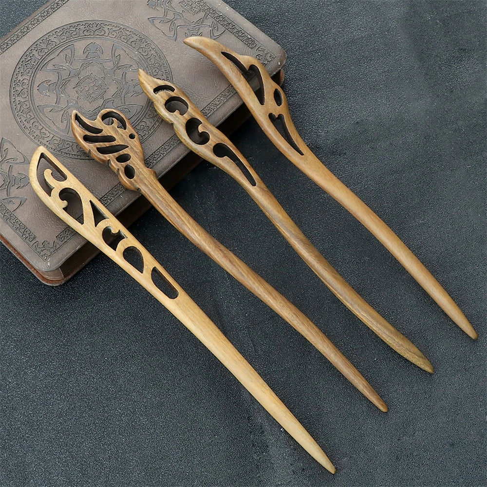 Elegant Green Sandalwood Chinese Vintage Hairpins Set for Women