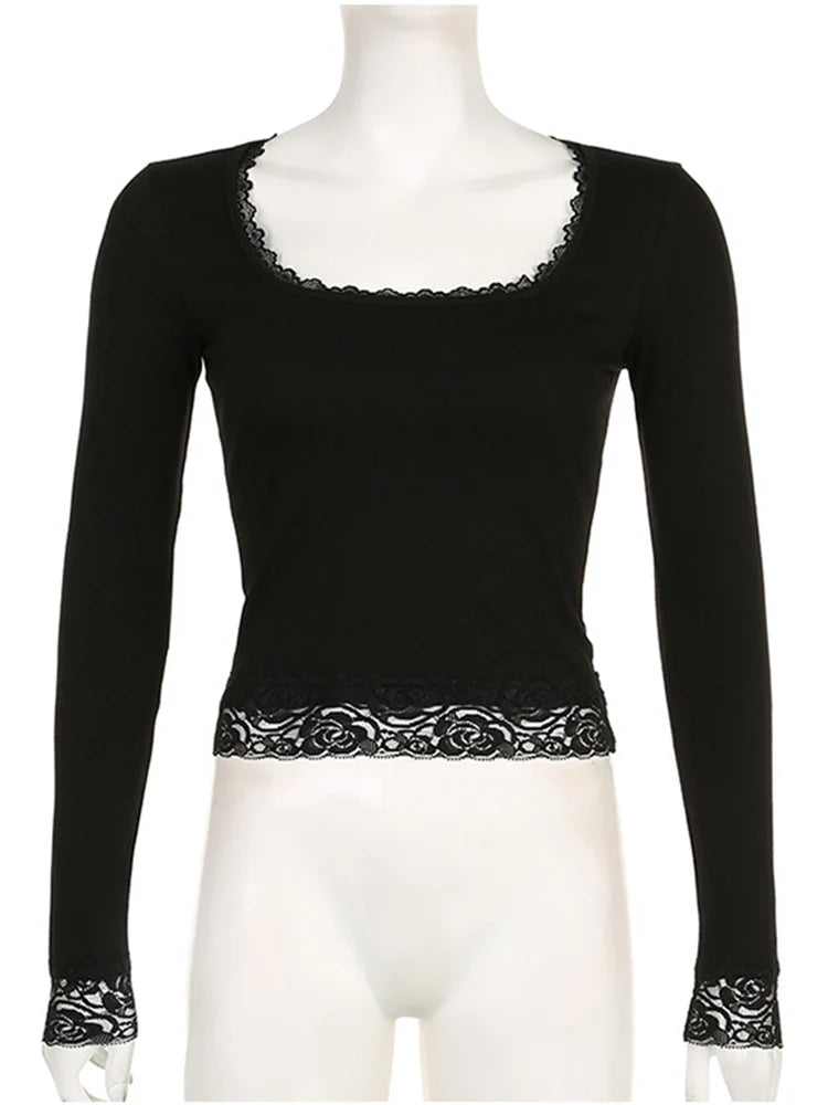 Y2K Vintage Fairy Grunge Lace Trim Long Sleeve Slim Fit Tee