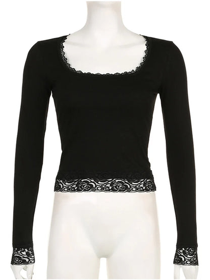 Y2K Vintage Fairy Grunge Lace Trim Long Sleeve Slim Fit Tee