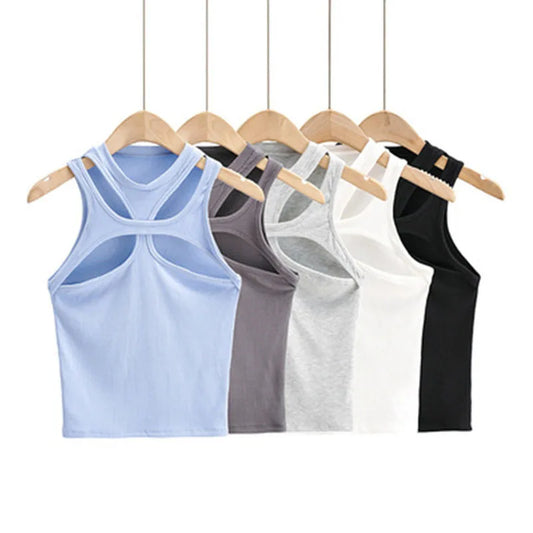 Girls Hollow Knit Tank Top Asymmetrical Round Neck Summer
