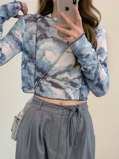 Dozw Tie Dye Cropped Top Women Sun Proof Long Sleeve