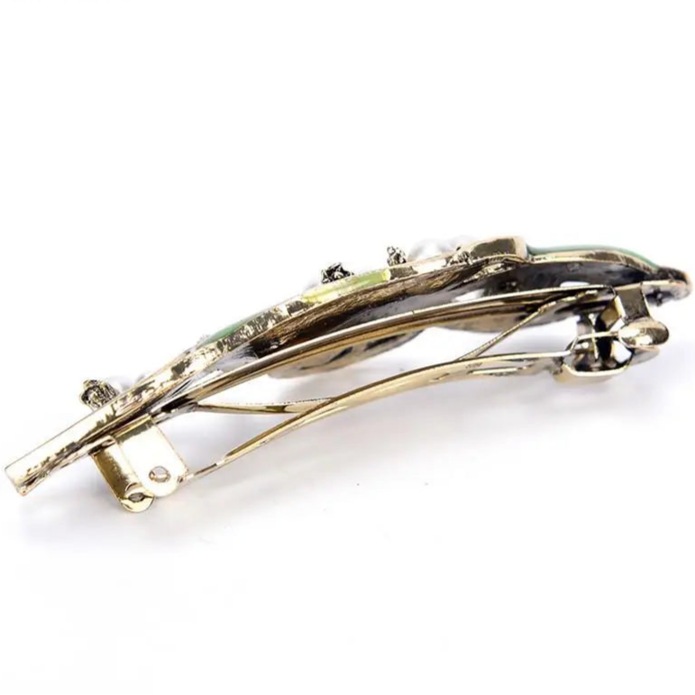 Fashion Women Retro Enamel Leaf Hair Clip with Pearl and Ancient Bronze Alloy Design