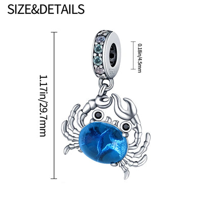 Blue Crab Charm 925 Sterling Silver Bead for 3mm Bracelets and Necklaces DIY Jewelry Gift