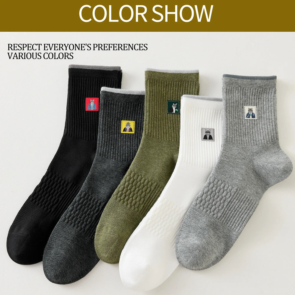 5 Pairs Men Cartoon Cat Mid Crew Cotton Socks Breathable